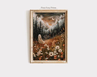 Whimsical Ghost Art Print, Autumn Meadow, Halloween Decor (Digital Download)