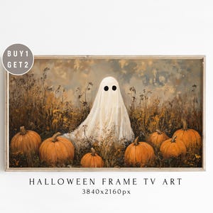 May include: A framed painting of a white ghost with two black eyes standing in a field of pumpkins. The painting is set against a backdrop of a cloudy sky and brown grass. The text "HALLOWEEN FRAME TV ART 3840x2160px" is printed below the image.