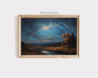 Starry Autumn Night Landscape Print, Mystical Sky Painting (Digital Download)