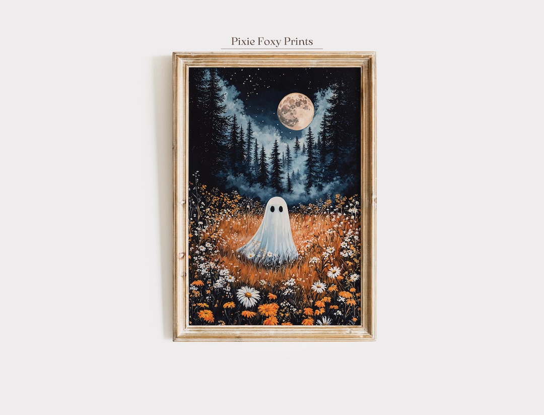 Spooky Ghost in Flower Field Art Print, Halloween Moonlit Night ...