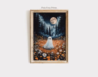 Spooky Ghost in Flower Field Art Print, Halloween Moonlit Night (Digital Download)