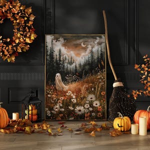 May include: A framed painting of a forest scene with a ghost in the foreground. The painting is surrounded by fall decor, including a wreath, pumpkins, and a broom.