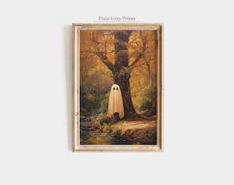 Ghost in Autumn Forest Art Print, Spooky Halloween Decor (Digital Download)