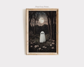 Whimsical Halloween Ghost Print, Moonlit Forest, Cottagecore Decor (Digital Download)