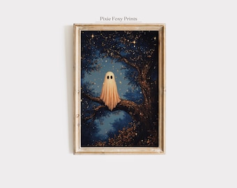 Starry Night Ghost Print, Spooky Cottagecore Halloween Decor (Digital Download)