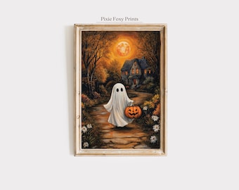 Enchanted Ghost and Pumpkin Art Print, Halloween Haunted House (Digital Download)