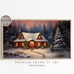 Cozy Christmas Cabin Art for Frame TV, Snowy Holiday Scene, Warm Winter Cottage Decor