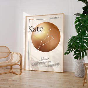 May include: A framed art print with the name "Kate" and the date "July 24, 1996" above a golden Leo zodiac symbol. The print has a beige background and a wooden frame. Text below describes Leo characteristics, such as confidence and creativity.