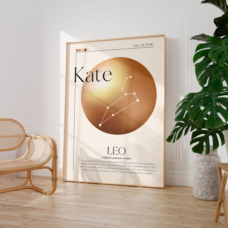 May include: A framed art print with the name "Kate" and the date "July 24, 1996" above a golden Leo zodiac symbol. The print has a beige background and a wooden frame. Text below describes Leo characteristics, such as confidence and creativity.