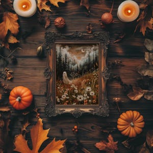 May include: A framed illustration of a white ghost standing in a forest clearing with a backdrop of fall foliage. The frame is ornate and has a dark brown finish. The illustration is surrounded by fall leaves, pumpkins, and candles.
