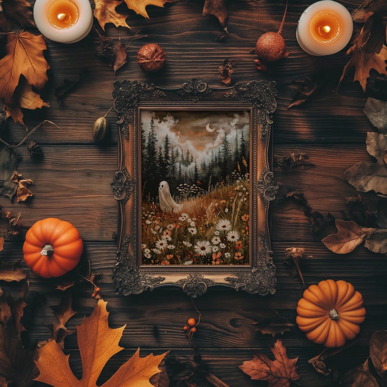 May include: A framed illustration of a white ghost standing in a forest clearing with a backdrop of fall foliage. The frame is ornate and has a dark brown finish. The illustration is surrounded by fall leaves, pumpkins, and candles.