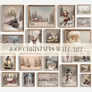May include: A selection of framed Christmas wall art featuring winter landscapes. The collection includes images of a train, Santa Claus, snow-covered houses, and a snowman. The text "100+ Christmas Wall Art" is displayed.