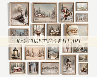 Christmas Prints Bundle 100+, Vintage Holiday Decor, Snowy Winter Gallery Wall, Digital Printable Download