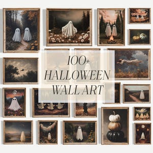 May include: A selection of framed Halloween wall art in a vintage style. The paintings depict ghosts in different scenes, pumpkins, and landscapes. The text "100+ Halloween Wall Art" is displayed in the center of the image.