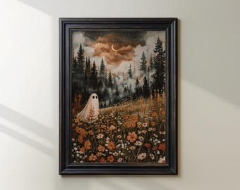 Ghost in Enchanted Forest Meadow Art Print, Whimsical Halloween Decor, Charming and Spooky Wall Art for Fall Season