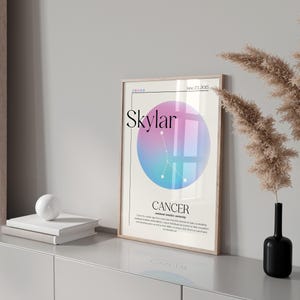 May include: A framed art print with the name "Skylar" above a colourful circle with a constellation design and the word "Cancer". The print is displayed on a white cabinet with decorative vases and pampas grass.