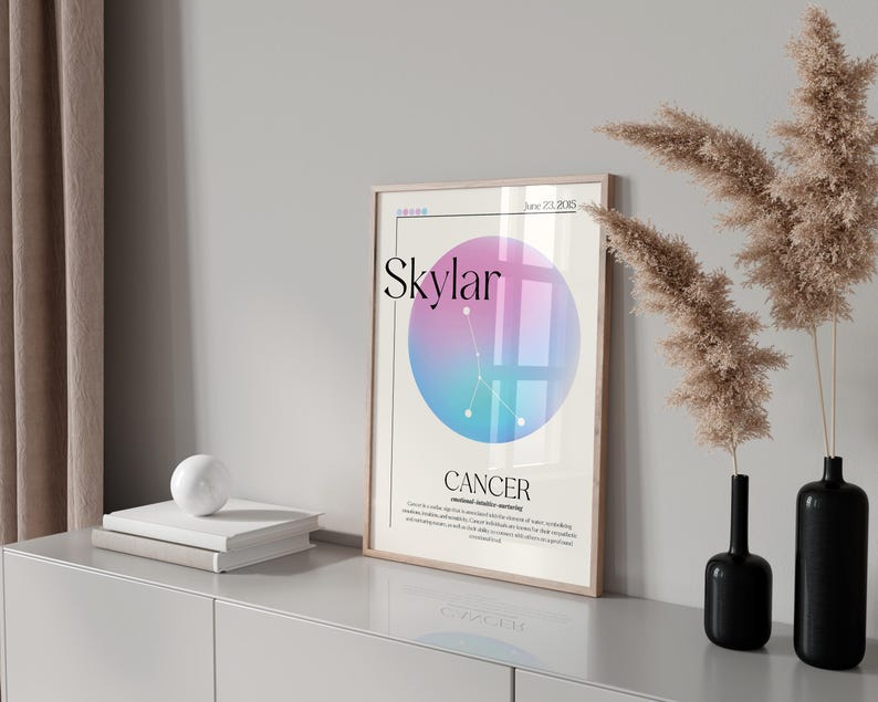 May include: A framed art print with the name "Skylar" above a colourful circle with a constellation design and the word "Cancer". The print is displayed on a white cabinet with decorative vases and pampas grass.