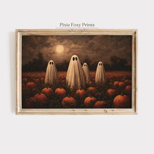 Halloween Wall Art, Spooky Ghosts in Pumpkin Patch Print, Full Moon Autumn Night Painting, Rustic Fall Seasonal Home Decor