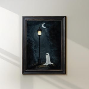 Spooky Ghost Art Print, Whimsical Haunted Scene with Streetlight and Moon, Halloween Wall Decor for Gothic Home