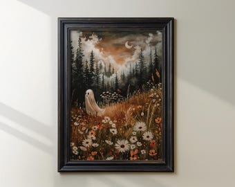 Whimsical Ghost in Autumn Meadow Art Print, Spooky Halloween Decor, Enchanting Wall Art for Fall Season