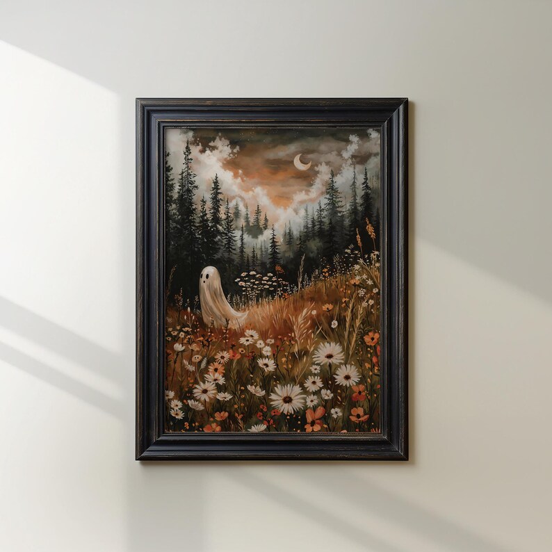 May include: A painting of a white ghost standing in a field of wildflowers. The ghost is in the foreground, and the background is a dark forest with a crescent moon in the sky.