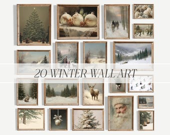 Conjunto de impresiones navideñas de invierno, galería de pared nevada de invierno, 20 impresiones, descarga imprimible digital