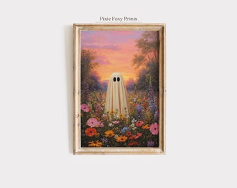 Spooky Ghost Sunset Print: Halloween Floral Landscape (Digital Download)