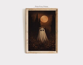 Halloween Ghost Art Print, Flower Crown, Spooky Forest (Digital Download)