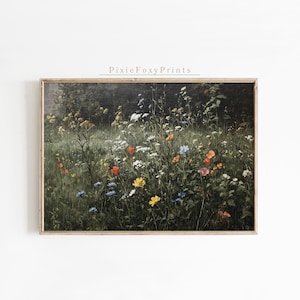 Printable Wildflower Field Landscape Vintage Painting, Muted Tonal Painting, Summer Wall Art, Digital Download