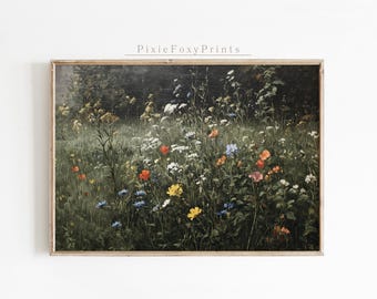 Printable Wildflower Field Landscape Vintage Painting, Muted Tonal Painting, Summer Wall Art, Digital Download