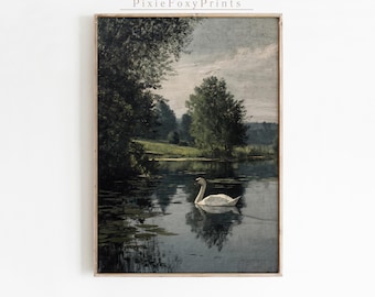 Vintage Swan Lake Painting, Muted Tonal Wall Art (Digital Download)