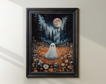Spooky Ghost in Moonlit Forest Painting, Whimsical Night Scene Wall Art, Ghost in Flower Field, Halloween Wall Decor, Full Moon Art Print