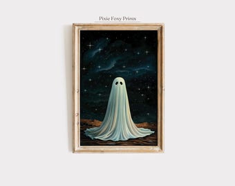 Whimsical Ghost Art Print, Starry Night Halloween Decor (Digital Download)