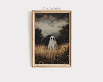 Moody Ghost in Meadow Halloween Print, Dark Cottagecore Decor (Digital Download)