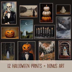 Láminas de Halloween para pared, fantasmas espeluznantes, calabazas, esqueletos y brujas, arte de Halloween vintage imprimible, decoración de Dark Academia