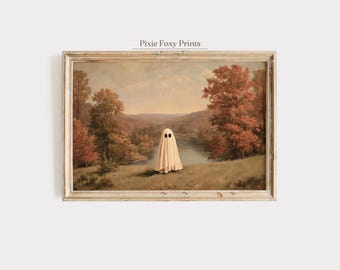 Spooky Ghost Fall Landscape Painting, Cottagecore Halloween Print (Digital Download)