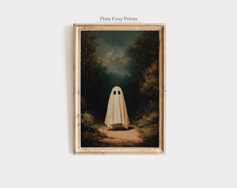 Spooky Ghost in Dark Forest Art Print, Halloween Gothic Decor (Digital Download)
