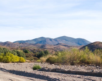 Imagen digital JPG de gran tamaño y alta calidad del campo y la rambla españoles en primavera con montañas distantes - Descarga instantánea