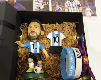 Unique Gift for Him | Soccer Gift Set - Lionel Messi, Neymar, Cristiano Ronaldo Collectible Figurines, Keychain, Bracelets (Ready-to-Gift)