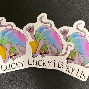 May include: Three colorful stickers featuring a cartoon cat with a rainbow-colored fur design. The cat is sitting on a yellow object and the stickers have the text "Lucky Us" printed on them.