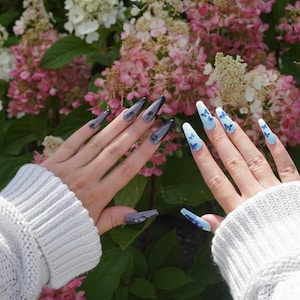 Puede incluir: Uñas postizas largas y puntiagudas. Una mano presenta un diseño degradado de negro a gris, mientras que la otra tiene uñas azul claro con calcomanías de mariposas azules. Las uñas están colocadas sobre un fondo de flores rosas y blancas.