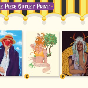 May include: Three digital art prints featuring characters from the anime One Piece. The first print features a red-haired character with a straw hat and a purple jacket. The second print features a woman with orange hair and a yellow bikini top. The third print features a character with white hair and horns, holding a severed head.
