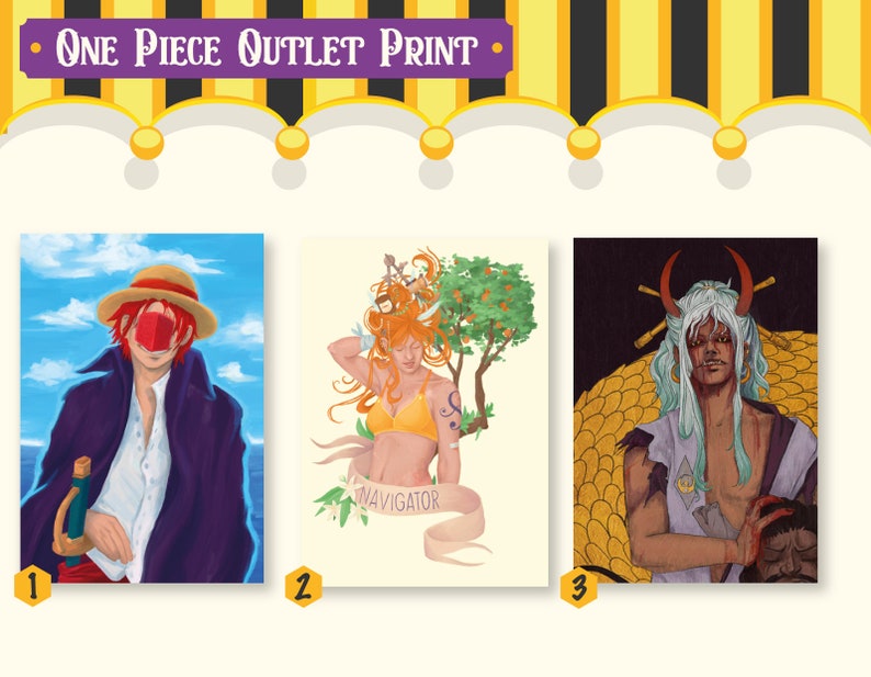 May include: Three digital art prints featuring characters from the anime One Piece. The first print features a red-haired character with a straw hat and a purple jacket. The second print features a woman with orange hair and a yellow bikini top. The third print features a character with white hair and horns, holding a severed head.