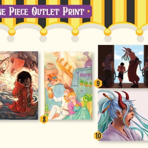 May include: A set of 10 One Piece themed art prints. The prints feature various characters from the anime series, including Luffy, Shanks, and Trafalgar Law. The prints are all in a colourful, anime style.