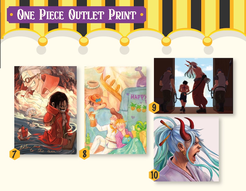 May include: A set of 10 One Piece themed art prints. The prints feature various characters from the anime series, including Luffy, Shanks, and Trafalgar Law. The prints are all in a colourful, anime style.
