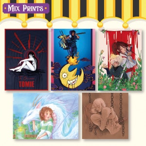 May include: A selection of art prints with anime-style illustrations. The prints depict diverse characters and scenes, such as a figure with knives, a warrior on a crescent moon, and a couple embracing. The prints feature varied colour palettes and artistic styles.