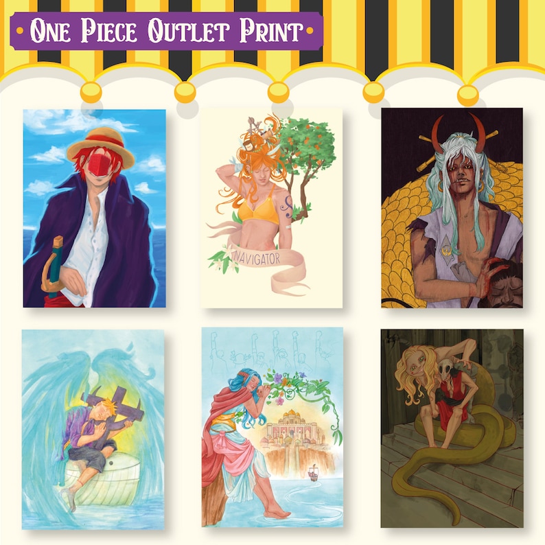 May include: Six different illustrations of characters from the anime One Piece. Each illustration is framed with a yellow and white striped border. The illustrations feature a variety of characters, including a pirate captain, a navigator, a swordsman, and a mermaid.