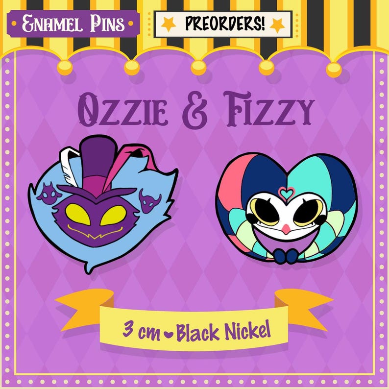 Peut inclure: Deux &eacute;pingles &eacute;maill&eacute;es repr&eacute;sentant les personnages de dessins anim&eacute;s Ozzie et Fizzy. Ozzie est un personnage bleu en forme de chat avec un chapeau haut de forme violet. Fizzy est un personnage en forme de c&oelig;ur avec un design color&eacute;. Les &eacute;pingles mesurent 3 cm et sont en nickel noir.