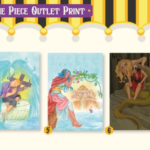 May include: Three watercolour paintings featuring characters from the anime One Piece. The first painting shows a young man with orange hair sitting on a boat with a cross and angel wings. The second painting shows a woman with long blue hair sitting on a rock with a building in the background. The third painting shows a woman with long blonde hair sitting on a snake with a smaller figure behind her.