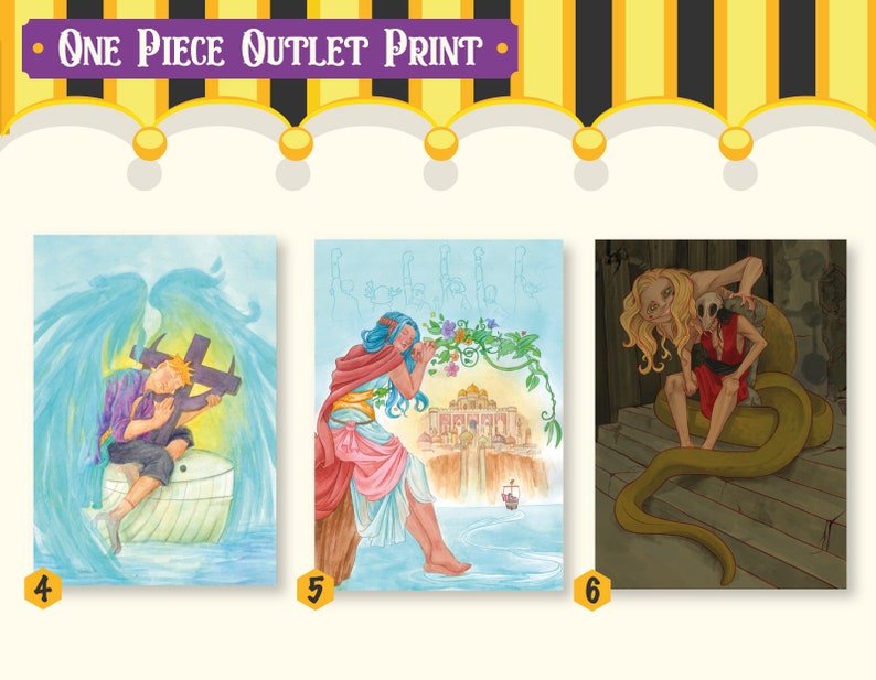 May include: Three watercolour paintings featuring characters from the anime One Piece. The first painting shows a young man with orange hair sitting on a boat with a cross and angel wings. The second painting shows a woman with long blue hair sitting on a rock with a building in the background. The third painting shows a woman with long blonde hair sitting on a snake with a smaller figure behind her.
